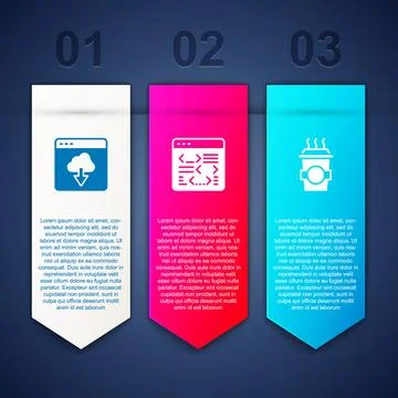 Set Cloud technology data transfer, Software and Coffee cup to go. Business.. Stock Illustration