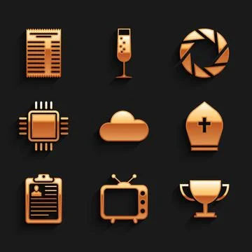 Set Cloud, Television tv, Trophy cup, Pope hat, Clipboard with resume and P.. Stock Illustration