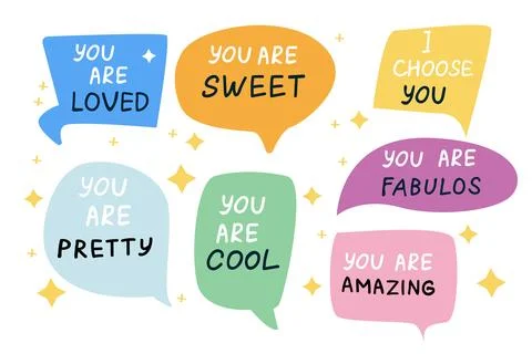 Set of cloud textboxes with compliments. Hand written phrases Self love, Stock Illustration