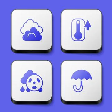 Set Cloud, Thermometer, Acid rain radioactive cloud and Umbrella icon. White  Illustrazione stock