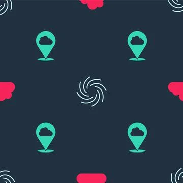 Set Cloud, Tornado and Location cloud on seamless pattern. Vector 스톡 일러스트