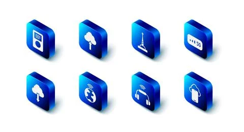 Set Cloud upload, Antenna, 5G wireless internet, technology data, Smart hea.. Illustrazione stock