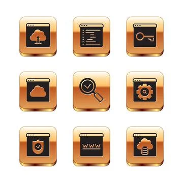 Set Cloud upload, Browser with shield, window, Magnifying glass check mark Illustrazione stock