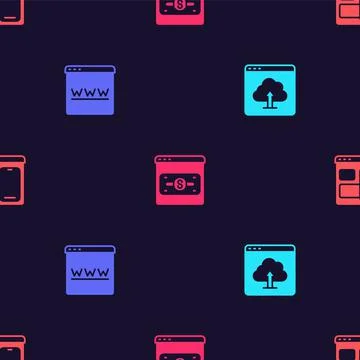 Set Cloud upload, Browser window, Online shopping on screen and Web developer Stockillustratie