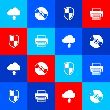 Set Cloud upload, CD or DVD disk, Shield and Printer icon. Vector Stock Illustration