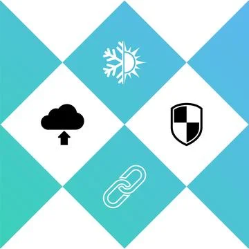 Set Cloud upload, Chain link, Sun and snowflake and Shield icon. Vector Stock Illustration