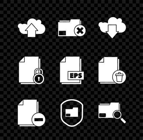 Set Cloud upload, Delete folder, download, Document with minus, protection Stock Illustration
