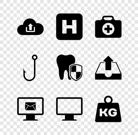 Set Cloud upload, Hospital, First aid kit, Monitor and envelope, Computer Stock Illustration