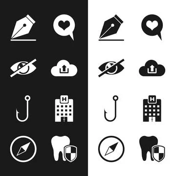 Set Cloud upload, Invisible or hide, Fountain pen nib, Heart speech bubble,.. Stock Illustration