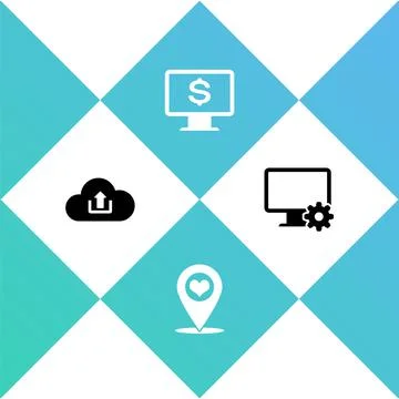 Set Cloud upload, Map pointer with heart, Monitor dollar and Computer monitor Illustrazione stock