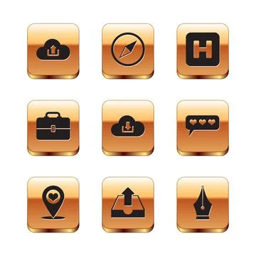 Set Cloud upload, Map pointer with heart, Upload inbox, download, Toolbox and Illustrazione stock