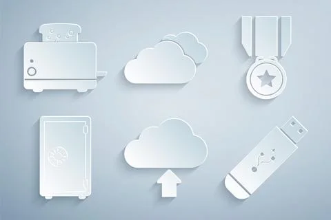 Set Cloud upload, Medal with star, Safe, USB flash drive, and Toaster toasts イラスト素材