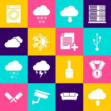 Set Cloud upload, Medal, USB, download, Sun and snowflake and icon. Vector Stock Illustration