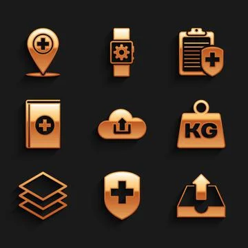 Set Cloud upload, Medical shield with cross, Upload inbox, Weight, Layers and Illustrazione stock