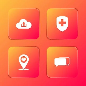 Set Cloud upload, Medical shield with cross, Map pointer heart and Chat icon イラスト素材