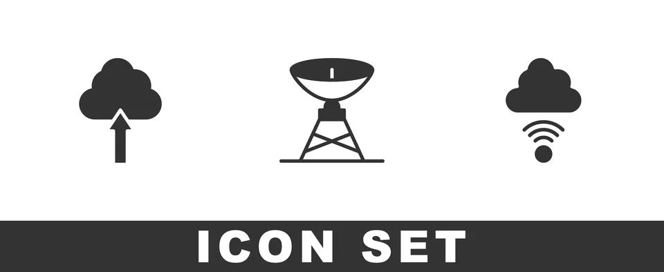 Set Cloud upload, Satellite dish and Network cloud connection icon. Vector Stock Illustration