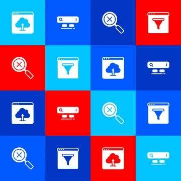 Set Cloud upload Search engine Magnifying glass and delete and Browser window Stock Illustration