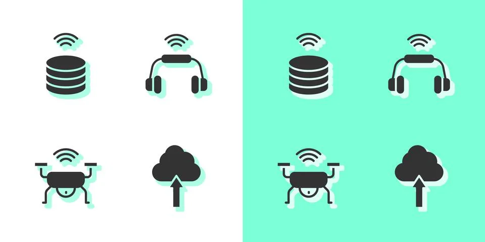 Set Cloud upload, Smart data server, drone system and headphones icon. Vector Illustrazione stock