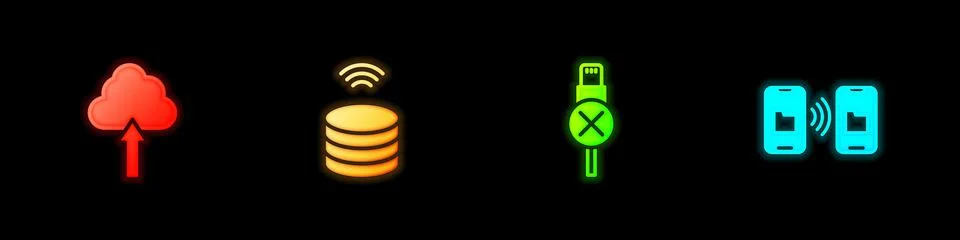 Set Cloud upload, Smart data server, No usb cable cord and Data transfer and Stock Illustration