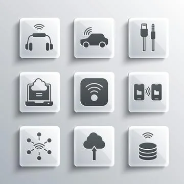 Set Cloud upload, Smart data server, Data transfer and storage, Wi-Fi wireless Stock Illustration