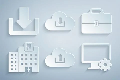 Set Cloud upload, Toolbox, Dental clinic, Computer monitor and gear, download Stock Illustration