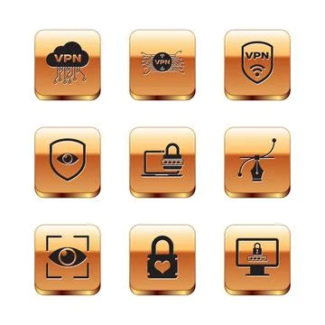 Set Cloud VPN interface, Eye scan, Padlock with heart, Laptop password, Shield Stock Illustration
