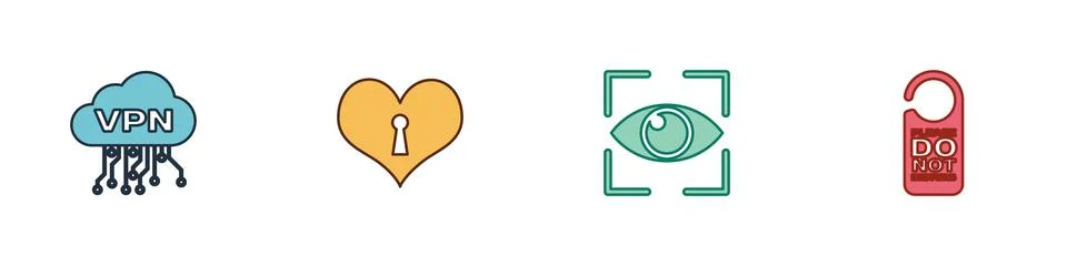 Set Cloud VPN interface, Heart with keyhole, Eye scan and Please do not disturb Stock Illustration