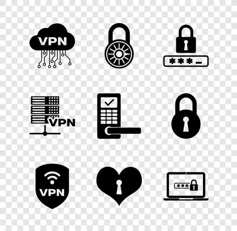 Set Cloud VPN interface, Safe combination lock wheel, Password protection Stock Illustration