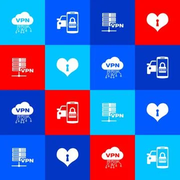 Set Cloud VPN interface, Smart car security system, Server and Heart with イラスト素材