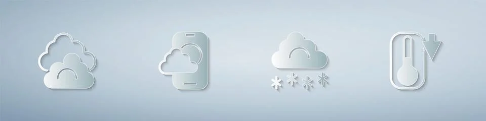 Set Cloud, Weather forecast app, with snow and Thermometer. Paper art style 스톡 일러스트