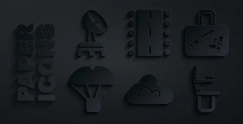 Set Cloud weather, Suitcase, Box flying on parachute, Airplane seat, Airpor.. Illustrazione stock