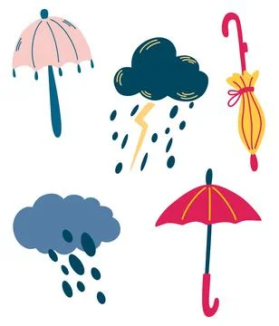 Set of clouds and umbrellas. Rainy weather. Thunderstorm, rain, clouds. Cute  Stock Illustration