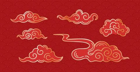 Set of clouds in Asian style. Gold on red. Vector vintage illustration. Fish Stock Illustration