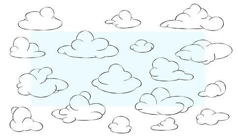 Set of clouds. Coloring book. Vector illustration of a line of clouds in th.. Stock Illustration