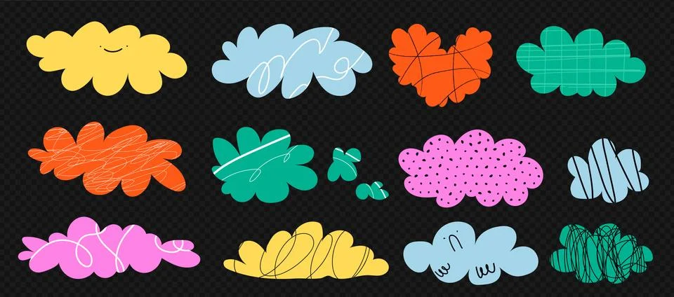 A set of clouds with hand drawn textures and lines. Vector trendy illustration Stock Illustration