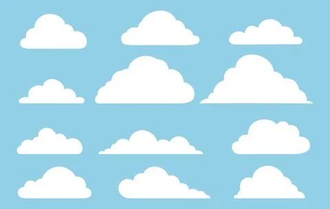 Set of clouds icons in the sky. Collection of various cloud shapes silhouette on Stock Illustration