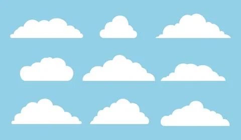 Set of clouds icons in the sky. Collection of various cloud shapes silhouette on Stock Illustration