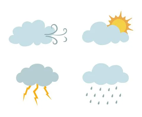 Set of clouds with lightning, rain, sun, wind Stock Illustration