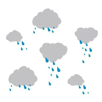 Set of clouds with raindrops. Rainy weather. Flat, simple, vector illustratio Stock Illustration