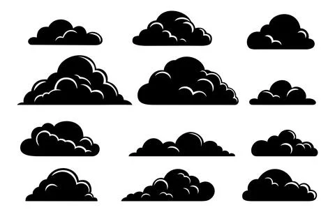 A set of clouds in the sky in black silhouette. Collection of various cloud Stock Illustration