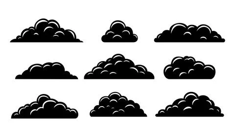 A set of clouds in the sky in black silhouette. Collection of various cloud Stock Illustration
