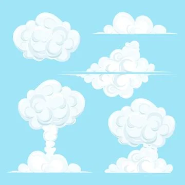 Set Clouds in the sky of different shapes look like an explosion. White smoke in Stock Illustration