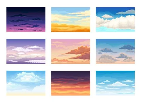 Set of clouds in the sky at different times of the day. Vector illustration. Illustrazione stock