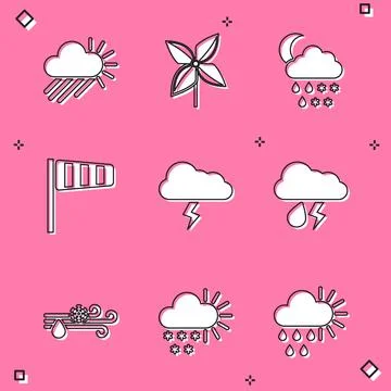 Set Cloudy with rain and sun, Pinwheel, snow, rain, moon, Cone windsock wind  Stock Illustration
