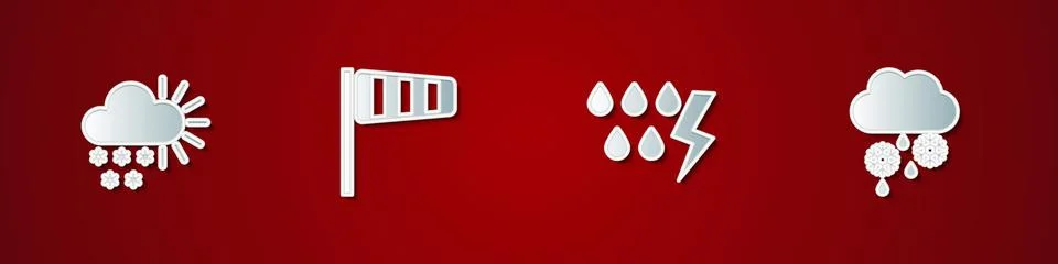Set Cloudy with snow, Cone windsock wind vane, Storm and and rain icon. Vector Stock Illustration