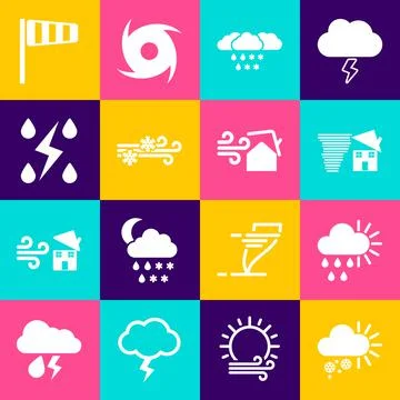 Set Cloudy with snow, rain and sun, Tornado swirl, Wind, Storm, Cone windsock イラスト素材