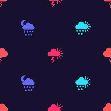 Set Cloudy with snow, snow, rain, moon, Storm and  on seamless pattern. Vecto Stock Illustration