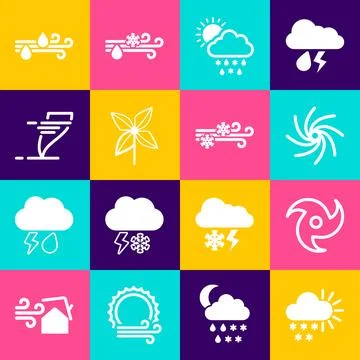 Set Cloudy with snow, Tornado, rain, sun, Pinwheel, Wind and and icon. Vector Stock Illustration