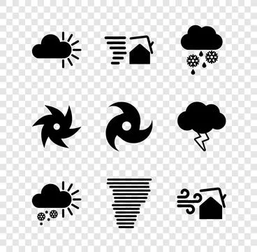 Set Cloudy, Tornado swirl, with snow and rain,  and  icon. Vector Stock Illustration