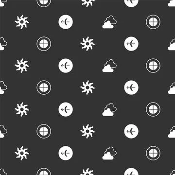 Set Cloudy weather Earth globe Sun and Sagittarius zodiac on seamless pattern Stock Illustration